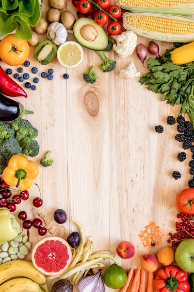 Moderna Composizione Frutta Verdura Fresca Sana Sul Tavolo Legno Cucina — Foto Stock