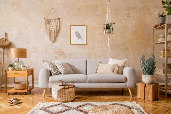 Stylish Scandi Compostion Living Room Interior Design Gray Sofa Wooden — Stock Photo, Image