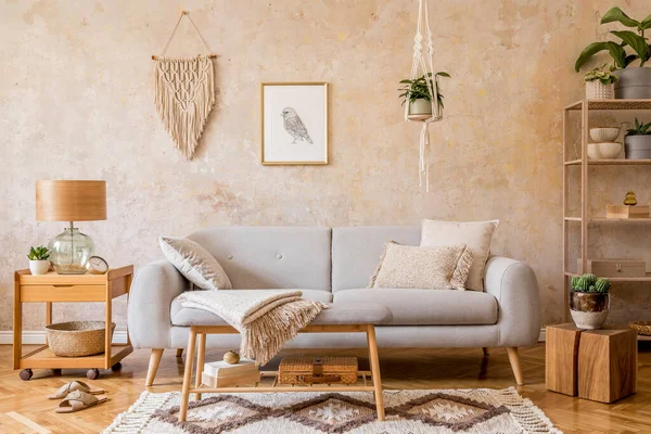 Snygg Scandi Komposition Vardagsrummet Interiör Med Design Grå Soffa Trä — Stockfoto