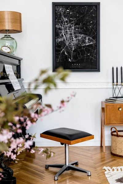 Stylish Concept Mock Poster Map Black Piano Design Stool Furniture — Stock Photo, Image