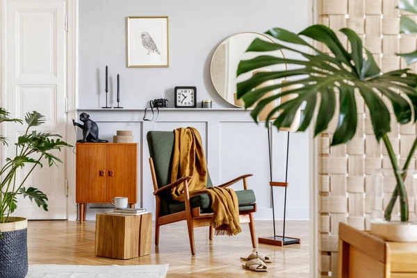 Elegante Interno Del Soggiorno Con Poltrona Design Comò Vintage Legno — Foto Stock