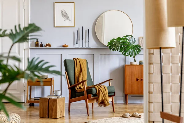 Trendy Interior Living Room Design Armchair Vintage Commode Mirror Mock — Stock Photo, Image