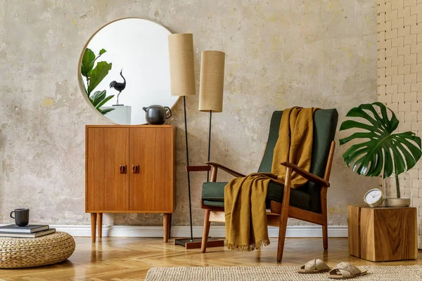 Modern Retro Composition Living Room Interior Design Armchair Pouf Tea Royalty Free Stock Photos