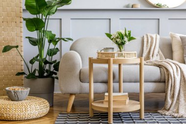 Tasarım gri kanepe, ahşap sehpa, tropikal bitkiler, raf, ayna, mobilya, ekose yastık, çaydanlık, kitap ve ev dekorunda zarif kişisel aksesuarlar ile İskandinav oturma odası.