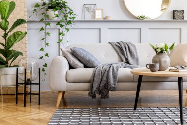 İskandinav oturma odası iç mimarisi tasarım kanepesi, kahve masası, saksı, çiçek, halı, ekose, yastık, raf, dekorasyon ve modern ev dekorasyonunda kişisel aksesuarlar.