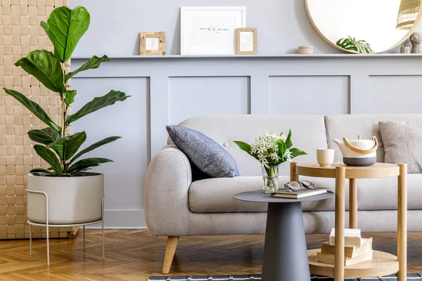스칸디나비아 인들의 거실의 테이블 화분에 식물을 양탄자 현대가 액세서리 갖추어 — 스톡 사진