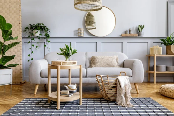 Interior Sala Estar Escandinava Con Sofá Gris Diseño Mesa Centro — Foto de Stock