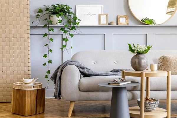 Scandinavian Living Room Interior Design Grey Sofa Wooden Coffee Table — Stock Photo, Image
