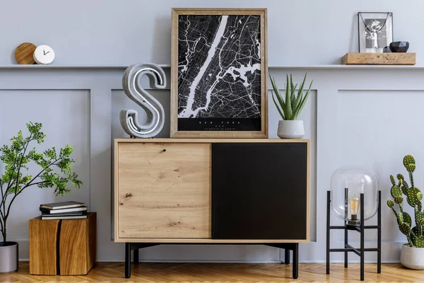 Intérieur Scandinave Moderne Avec Cadre Affiche Maquillé Commode Bois Design — Photo