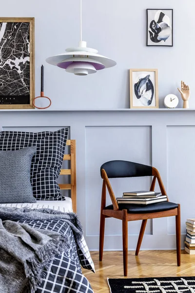 Élégant Intérieur Scandinave Chambre Coucher Avec Chaise Design Plante Maquettes — Photo