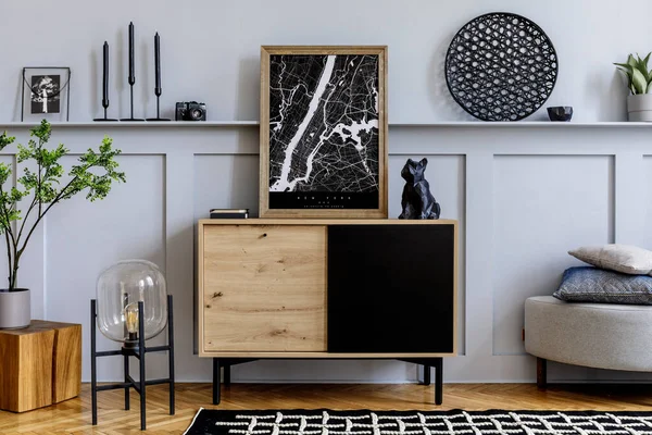 Intérieur Scandinave Moderne Avec Cadre Affiche Maquillé Commode Bois Design — Photo