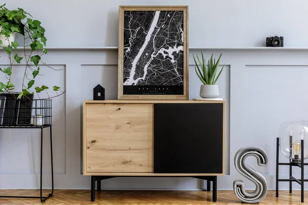 Intérieur Scandinave Moderne Avec Cadre Affiche Maquillé Commode Bois Design — Photo