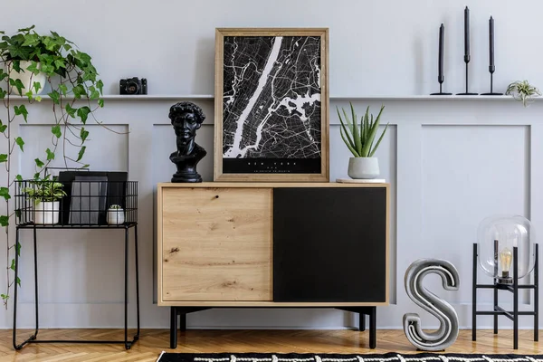 Intérieur Scandinave Moderne Avec Cadre Affiche Maquillé Commode Bois Design — Photo