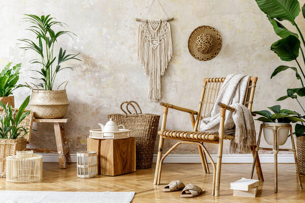 Stylish Floral Composition Living Room Interior Rattan Armchair Lot Tropical — Stock Photo, Image