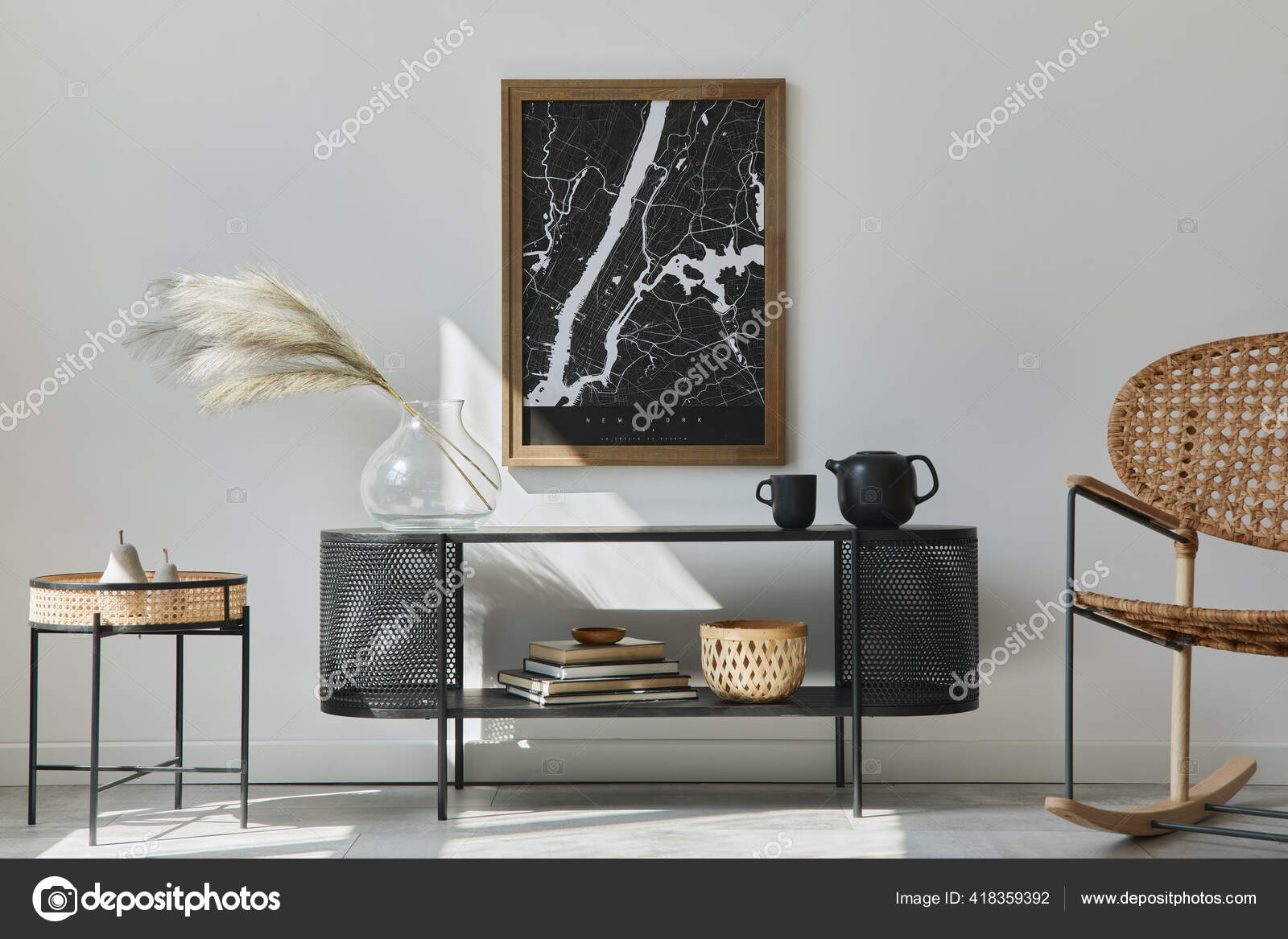 Modern Scandinavian Living Room Mock Poster Frame Design Commode Stock Photo ©Followtheflow 418359392