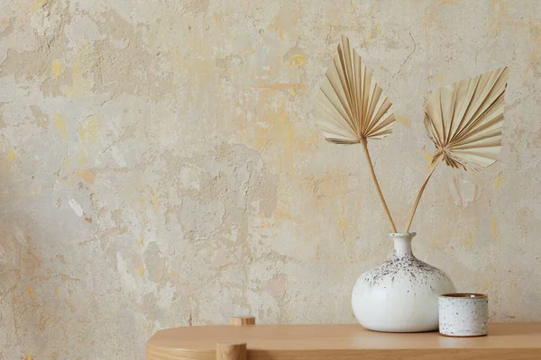 Wabi Sabi Interior Living Room Wooden Console Paper Flowers Vase — Stock Photo, Image