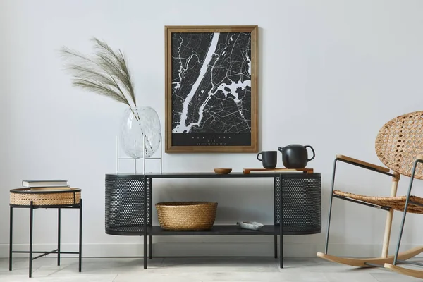 Modernes Skandinavisches Wohnzimmerinterieur Mit Poster Attrappe Design Kommode Blatt Vase — Stockfoto