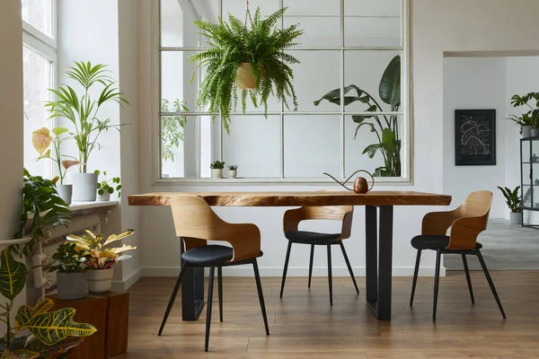 Stilvolles Und Botanisches Interieur Des Esszimmers Mit Design Craft Holztisch — Stockfoto