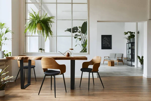 Elegante Botánica Interior Del Comedor Con Mesa Madera Artesanal Diseño —  Fotos de Stock