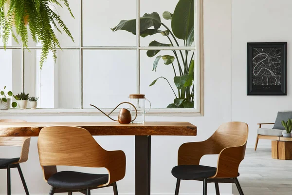 Elegante Botánica Interior Del Comedor Con Mesa Madera Artesanal Diseño —  Fotos de Stock