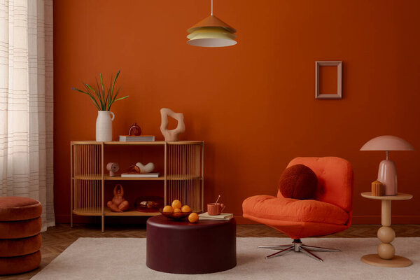 Modern orange living space with design armchair sculptural dcor and modern lighting. Stylish home decor.