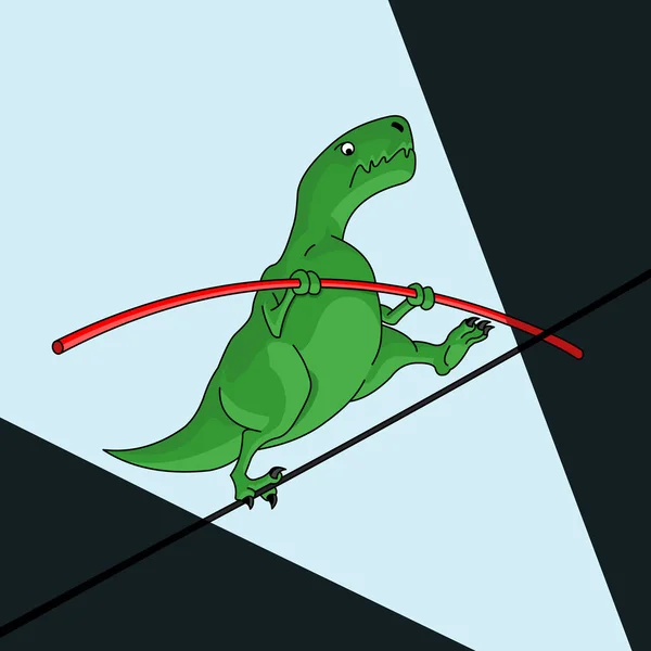 Concentrated cartoon green dinosaur balances on the wire under the circus dome