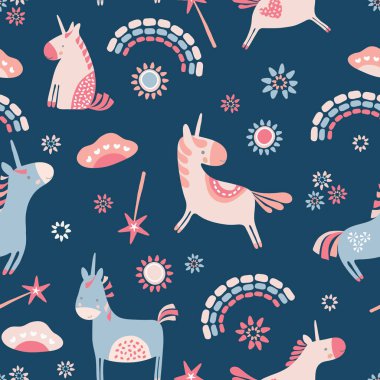 Unicorns and rainbows seamless repeat pattern background. Perfect for stationery, scrap booking and fabric projects clipart
