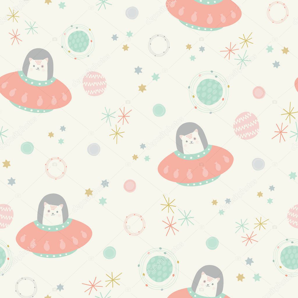 Vector space cats pink seamless repeat pattern background.