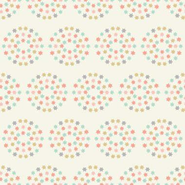 Tatlı bebek pastel yıldızlı daireler geometrik sorunsuz tekrar desen vektör arka plan.