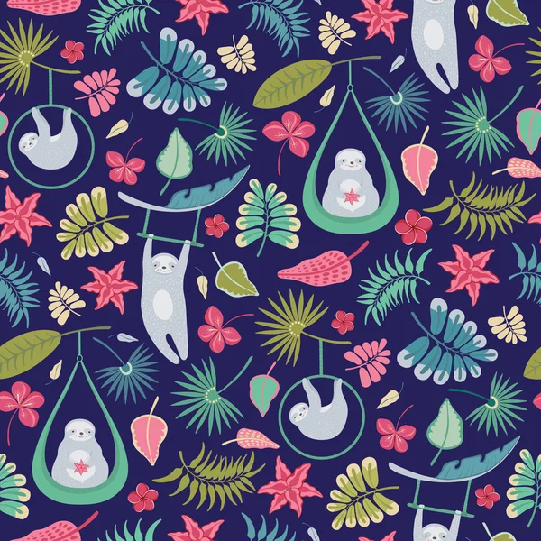 Seamless vector repeat pattern of circus sloths and tropical foliage and flowers. Colourful surface pattern design.