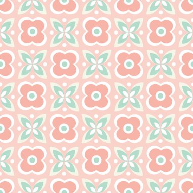 Geometrik bir tasarım stilize pembe çiçekler ve yeşil yaprakların dikişsiz tekrar desen. Kırtasiye, kumaş ve hurda rezervasyon projeleri için ideal vektör arka plan.