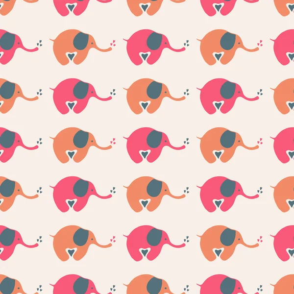 Patrón de repetición sin costuras de elefantes bebés y corazones en crema, rojo y naranja. Diseño de vector geométrico animal feliz ideal para niños . — Vector de stock