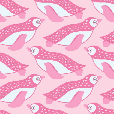 Pembe ve beyaz tatlı yüzme penguen sorunsuz tekrar desen. Vektör geometrik deniz kuşu tasarımı çocuklar için ideal.
