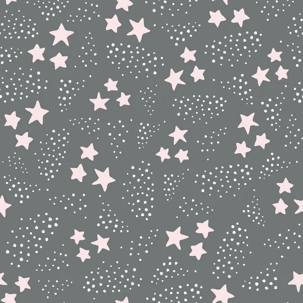 シームレスな繰り返しパターンで手描きピンクの星やスポットを描きます。子供のための理想的な甘い魔法の背景ベクトルパターン.. — ストックベクタ