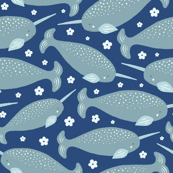 グレーとブルーの甘いナルクジラと花のシームレスな繰り返しパターン。子供のためのベクトル海洋生物の背景デザイン理想. — ストックベクタ