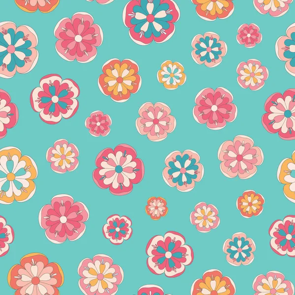 청록색 배경에 양식에 일치시키는 밝은 다채로운 꽃의 원활한 반복 패턴. 여름 프로젝트에 이상적인 예쁜 토스 벡터 패턴. — 스톡 벡터