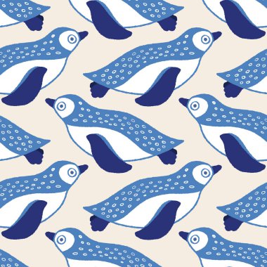 Mavi ve beyaz tatlı yüzme penguen sorunsuz tekrar desen. Vektör geometrik deniz kuşu tasarımı çocuklar için ideal.