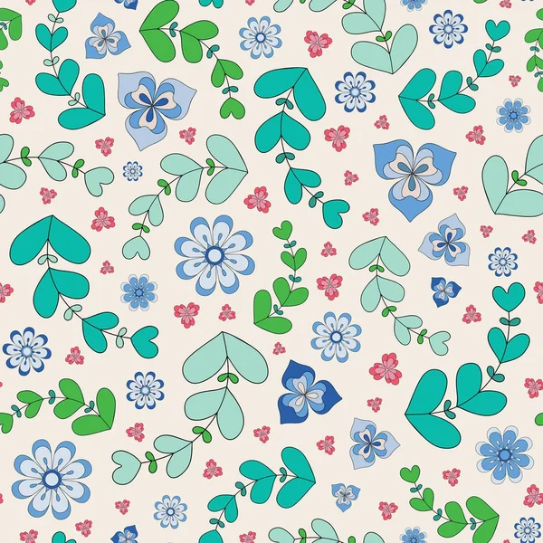 윤곽 모양의 꽃과 잎의 여름 원활한 반복 패턴. 녹색, 파란색, 분홍색의 예쁜 꽃 벡터 디자인. — 스톡 벡터