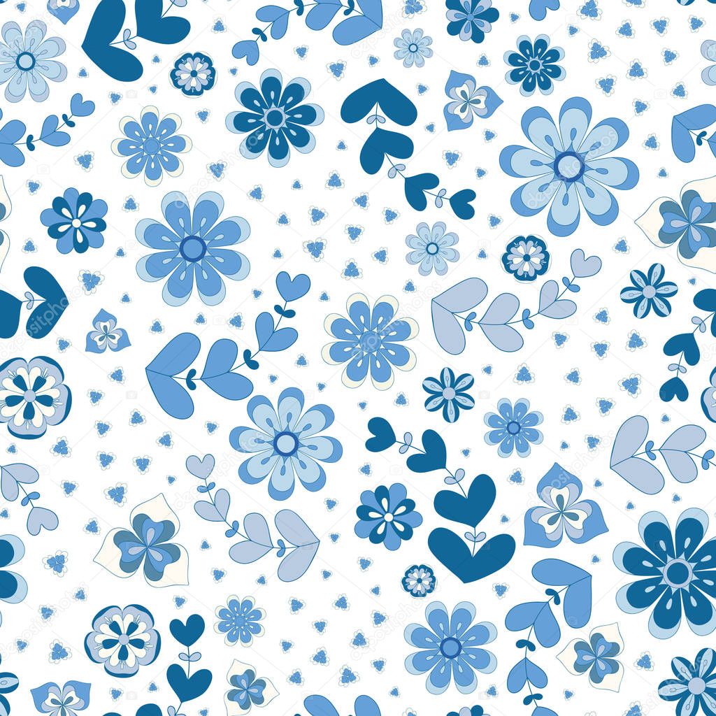 Indigo blue seamless repeat pattern of outlined stylized flowers and leaves. A pretty floral vector design in blue and cream colours with a white background.
