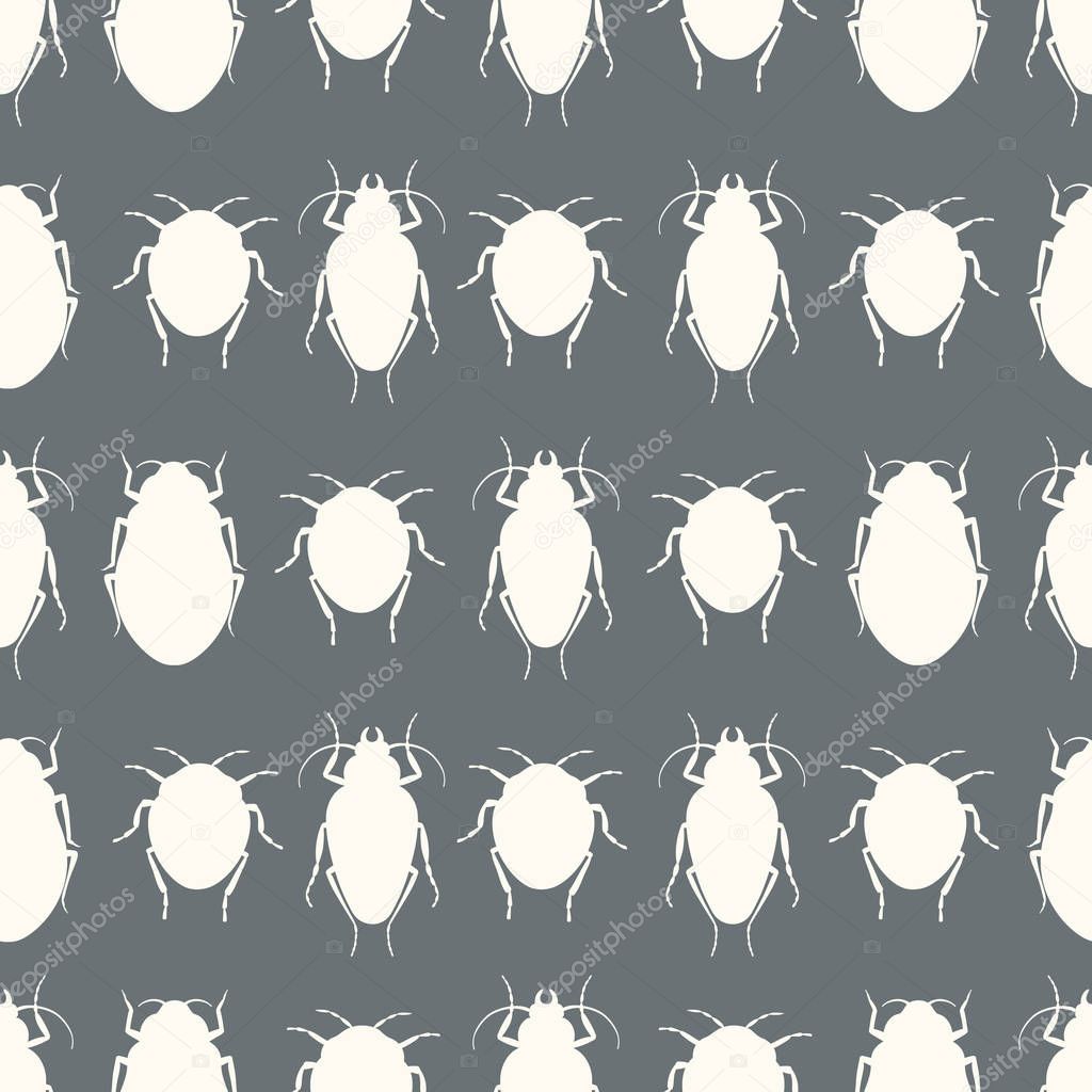 Cream silhouettes beetles on a dark grey background. A seamless vector repeat of bugs in rows.