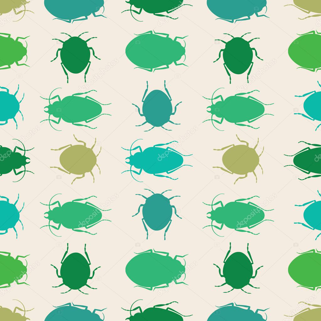 Green silhouette beetles on a cream background. A seamless vector repeat of bugs in rows.