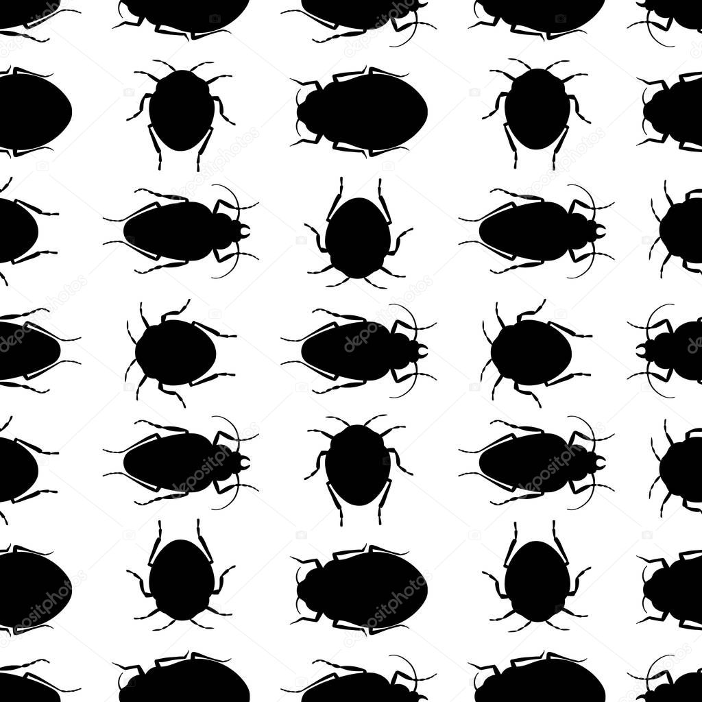Black silhouette beetles on a white background. A seamless vector repeat of bugs in rows.