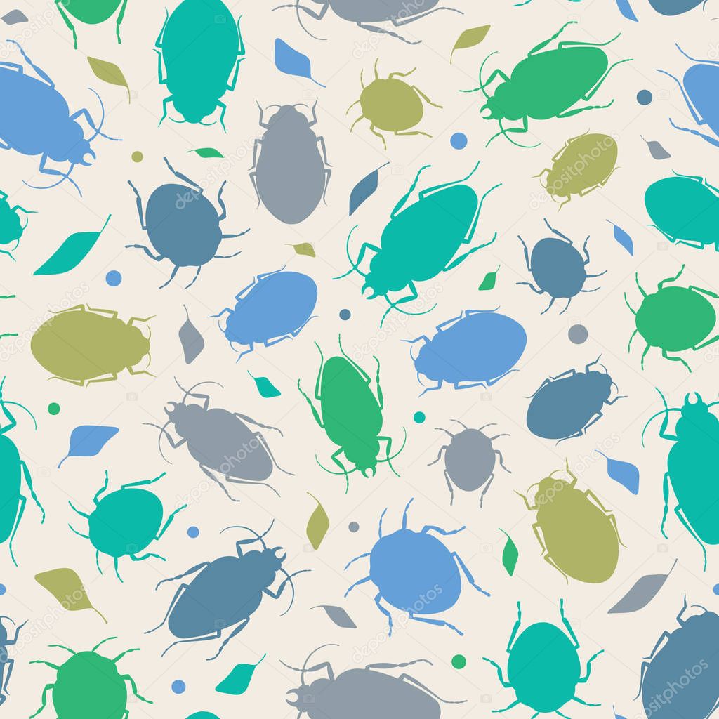 Seamless repeat pattern background of green and blue beetles and leaves. A vector silhouette design of bugs and foliage ideal for children.