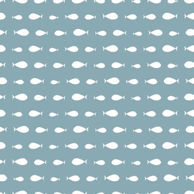 Gri bir arka plan üzerinde el çizilmiş küçük beyaz balık sorunsuz tekrarı. Çocuklar için ideal sevimli çizgili deniz yaşamı vektör deseni.