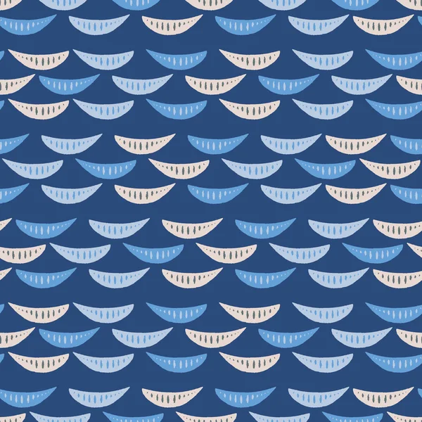 어두운 파란색 배경에 손으로 그린 파도의 원활한 반복. 귀여운 줄무늬 바다 생활 벡터 패턴 어린이에 적합. — 스톡 벡터