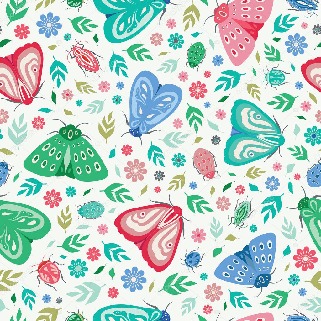 Seamless repeat pattern background of colourful moths, beetles, leaves and flowers. A vector background of insects and flora ideal for a spring and summer design.