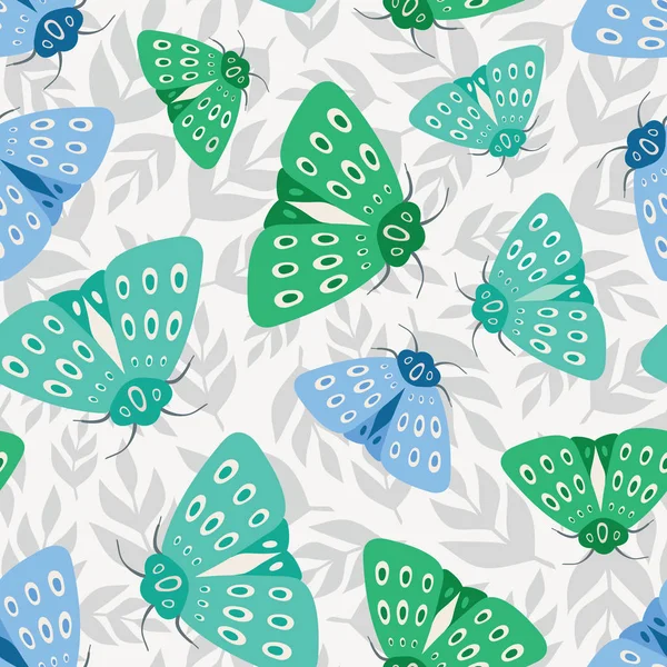 Fondo de patrón repetido sin costuras de polillas verdes y azules sobre hojas grises sacudidas. Un fondo vectorial de insectos y flora ideal para un diseño de primavera y verano . — Archivo Imágenes Vectoriales