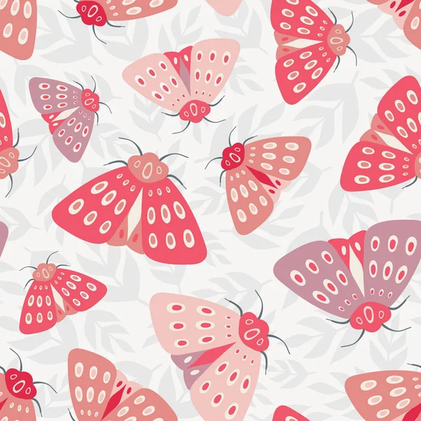 Padrão de repetição sem costura fundo de mariposas rosa e roxa em folhas cinza jogado. Um fundo vetorial de insetos e flora ideal para um design de primavera e verão . — Vetor de Stock