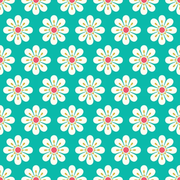 Gestileerde Daisy bloemen op een groene achtergrond naadloos patroon. Mooie geometrische Floral vector design perfect voor stof en achtergronden. — Stockvector