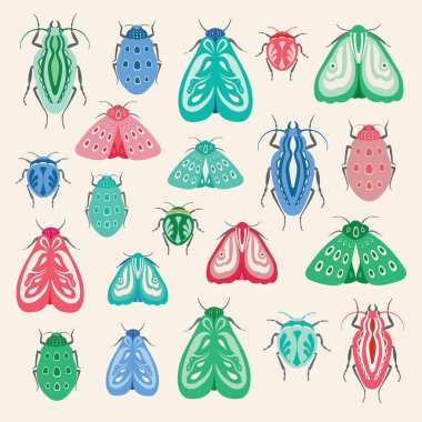 Renkli güveler ve böcekler Illustration. Küçük resim veya baskı projeleri için ideal vektör böcekler koleksiyonu.